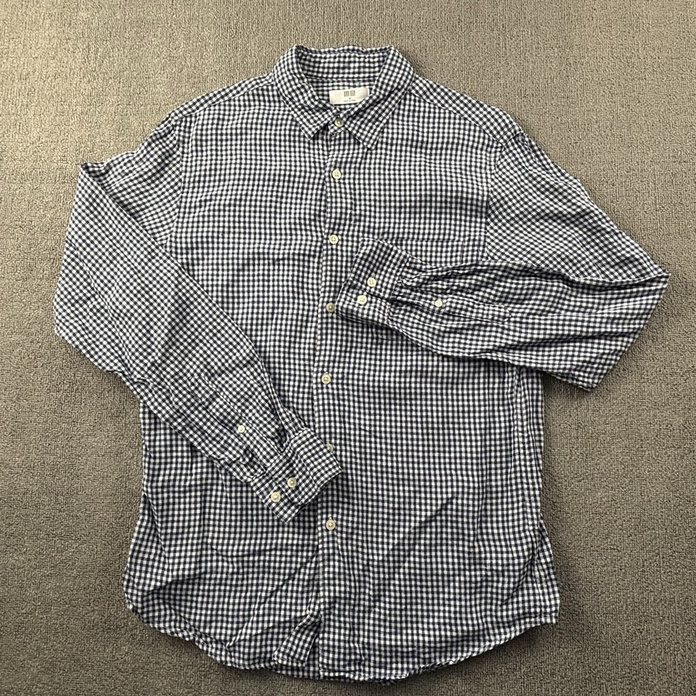 Uniqlo Shirt Adult Medium Check Button Up Linen Long Sleeve Casual Men's